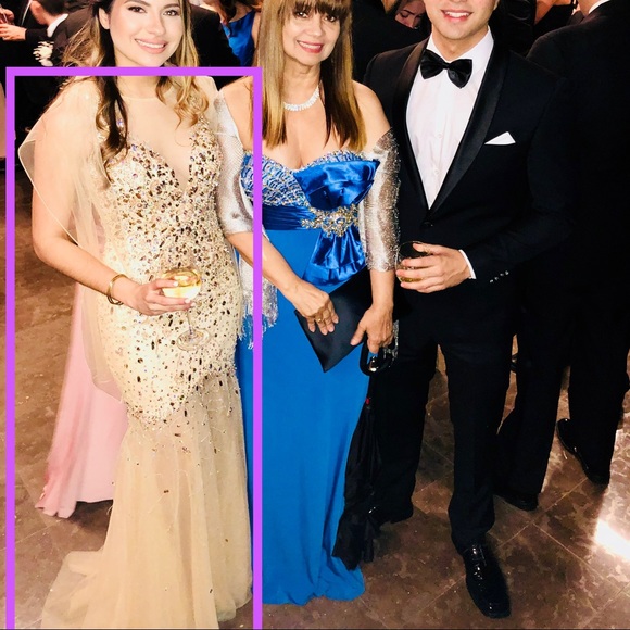 Gold gown, siren shape, with stones and sequences for an extra shine with train - Picture 2 of 3